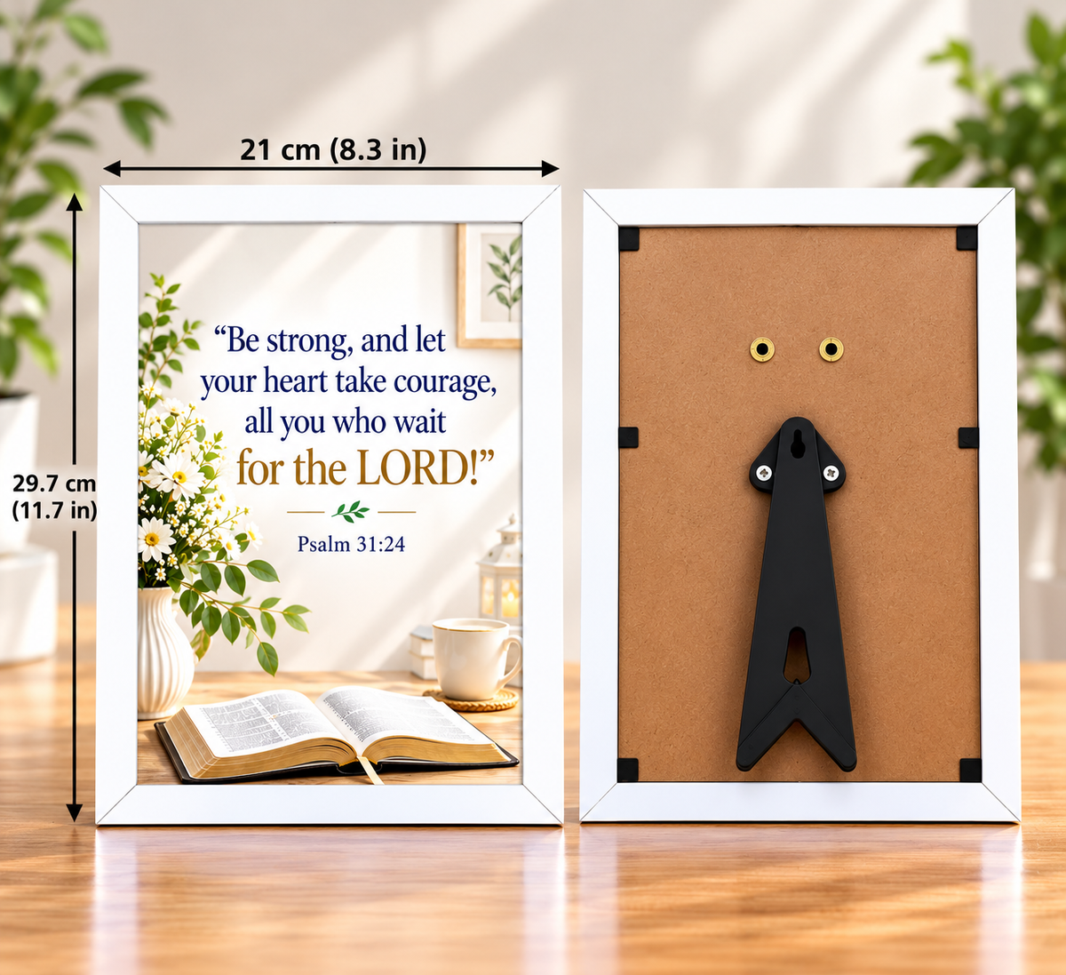 Psalm 31:24 Bible Verse Frame – 21 × 29.7 cm | White Christian Wall Decor