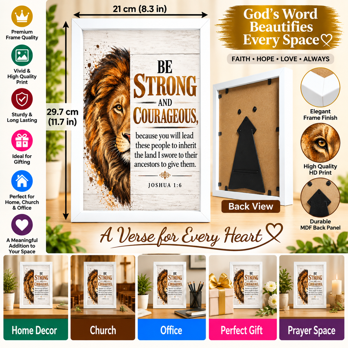 Joshua 1:6 Bible Verse Frame – 21 × 29.7 cm | White