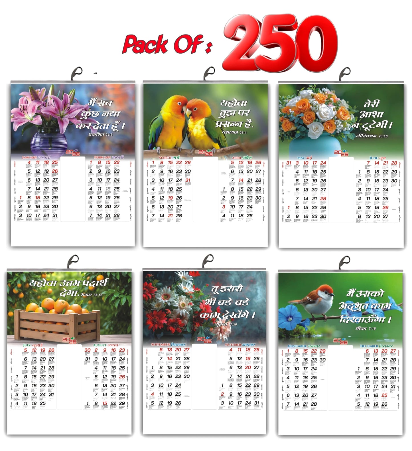 2026 Hindi Wall Calendar with Beautiful Flower & Bird Designs and Inspirational Hindi Quotes (Suvichar) - 15x20 Inch, Glossy Paper for Home & Office