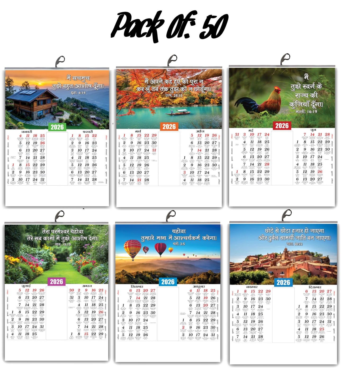 2026 Hindi Calendar with Beautiful Flowers & Birds Images | Inspirational Hindi Promise Words | 15x20 Inch Premium Glossy Wall Calendar | 6 Pages