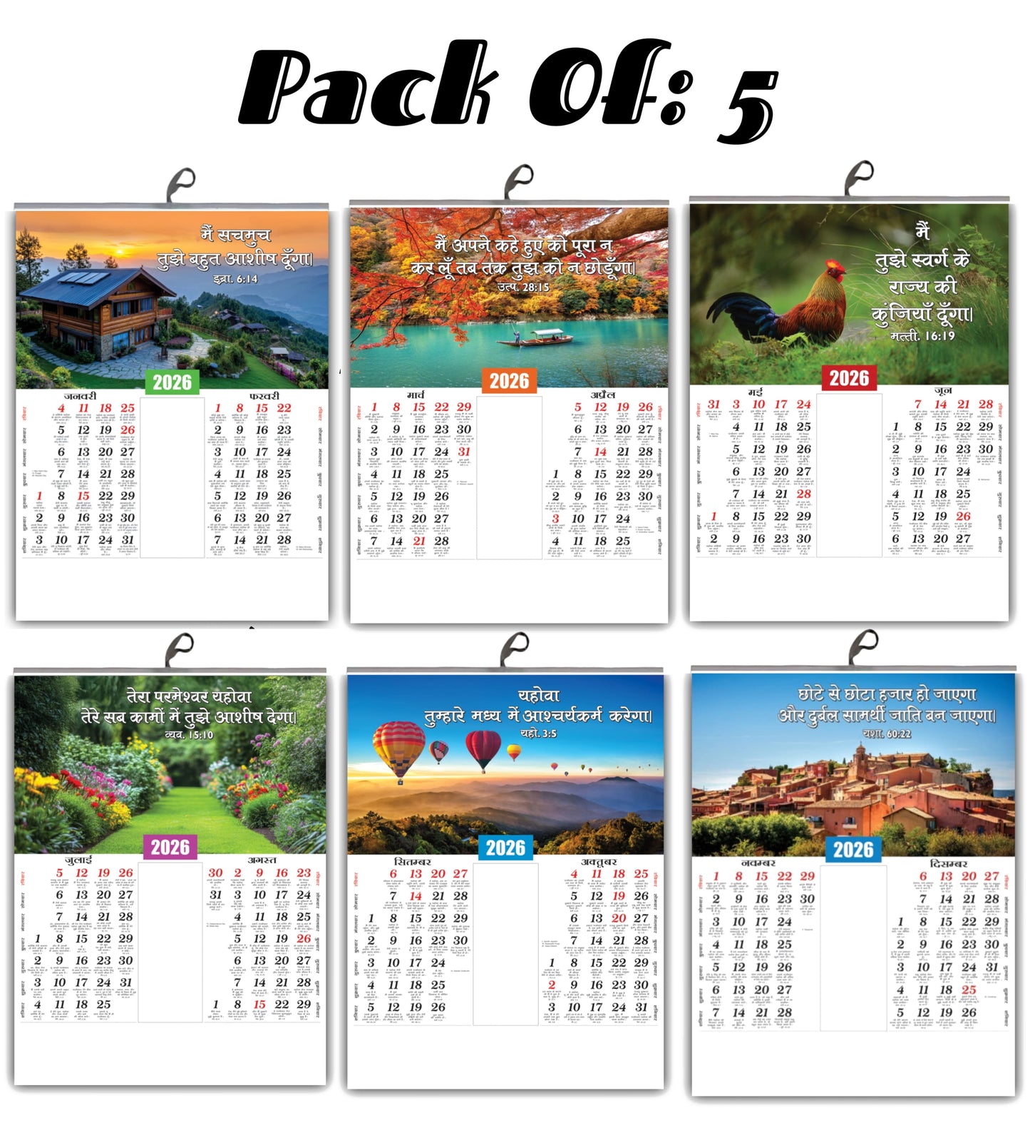 2026 Hindi Calendar with Beautiful Flowers & Birds Images | Inspirational Hindi Promise Words | 15x20 Inch Premium Glossy Wall Calendar | 6 Pages