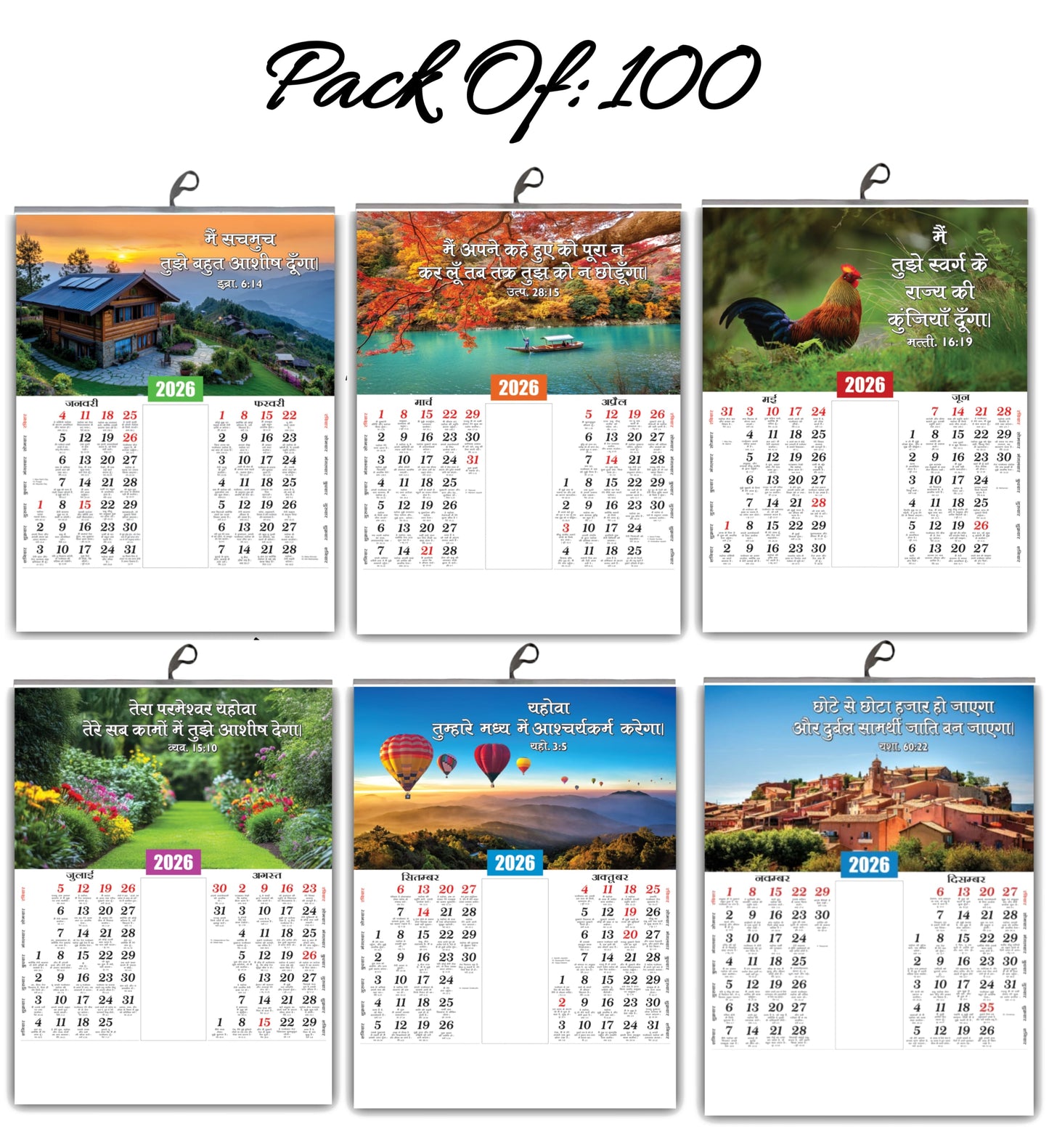 2026 Hindi Calendar with Beautiful Flowers & Birds Images | Inspirational Hindi Promise Words | 15x20 Inch Premium Glossy Wall Calendar | 6 Pages