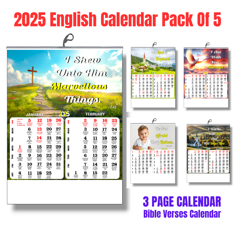 TCG 2025 English Bible Verse Wall Calendar | Pack Of 5 | GSM 130 | 3 PAGE BACK TO BACK PRINTED | All Gov. Holiday Mentioned