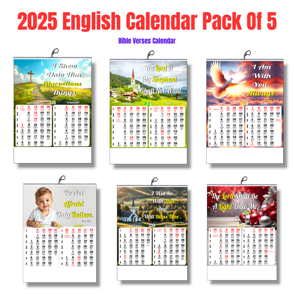 TCG 2025 English Bible Verse Wall Calendar | Pack Of 5 | GSM 130 | 3 PAGE BACK TO BACK PRINTED | All Gov. Holiday Mentioned