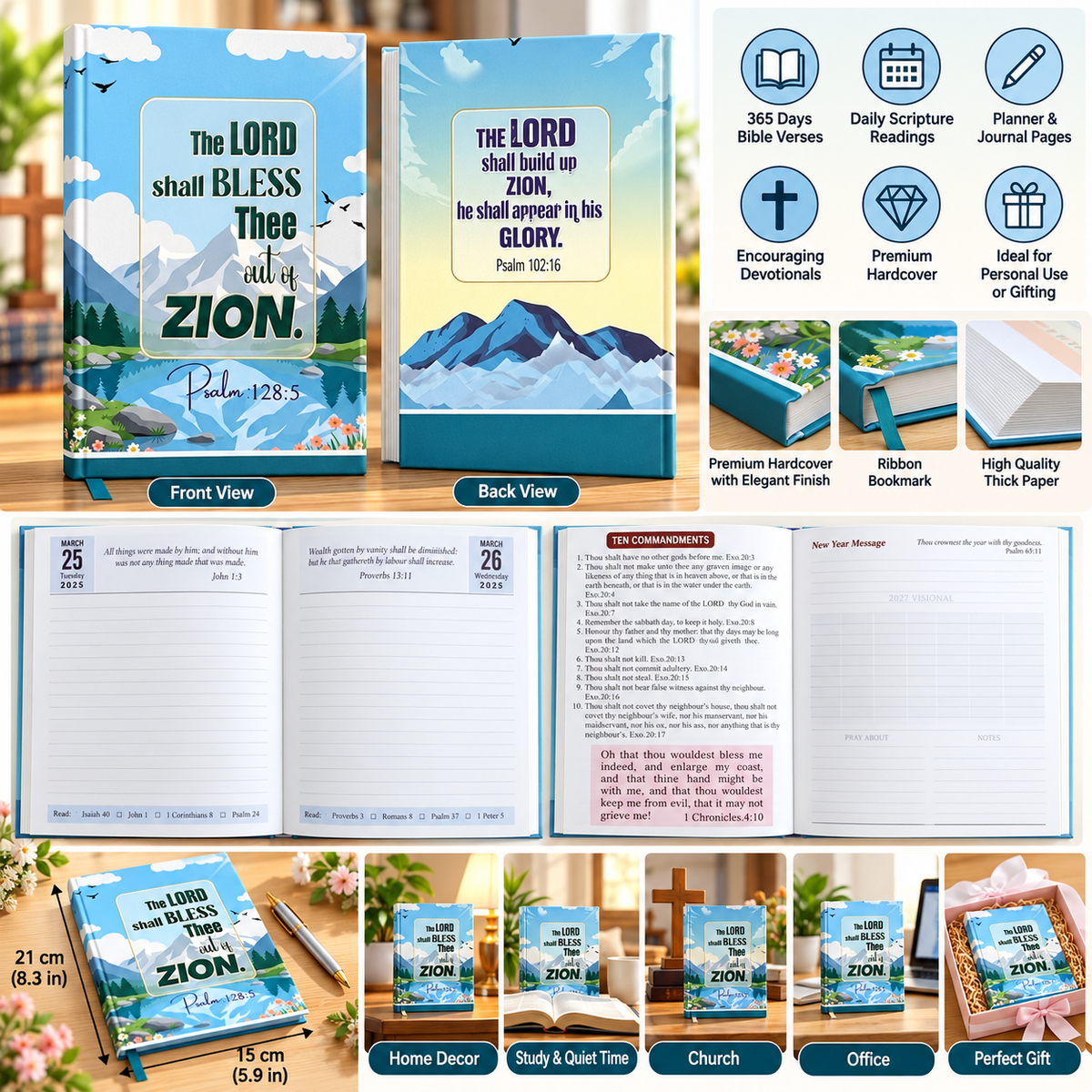 2027 Christian Daily Diary Planner & Devotional Journal – Blue Zion Hardcover, 365-Day Bible Verses
