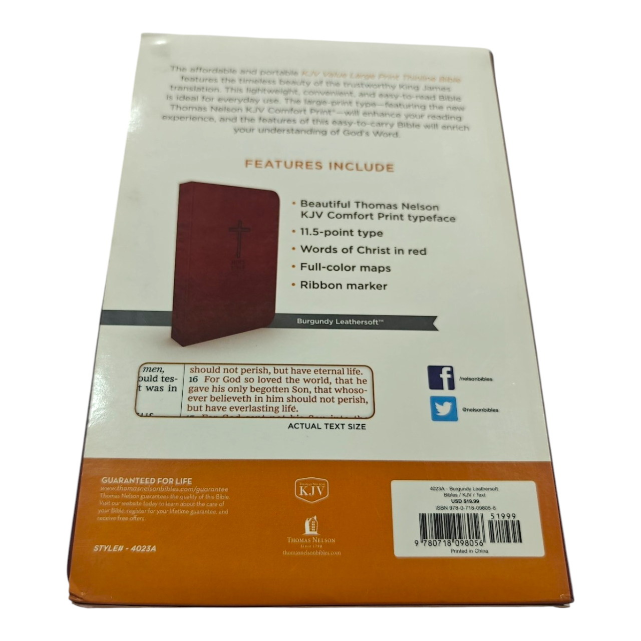 "KJV Value Large Print Thinline Bible in Burgundy – slim, easy-read edition with durable cover. Perfect for study, devotion, or gifting. ISBN: 9780718098056."