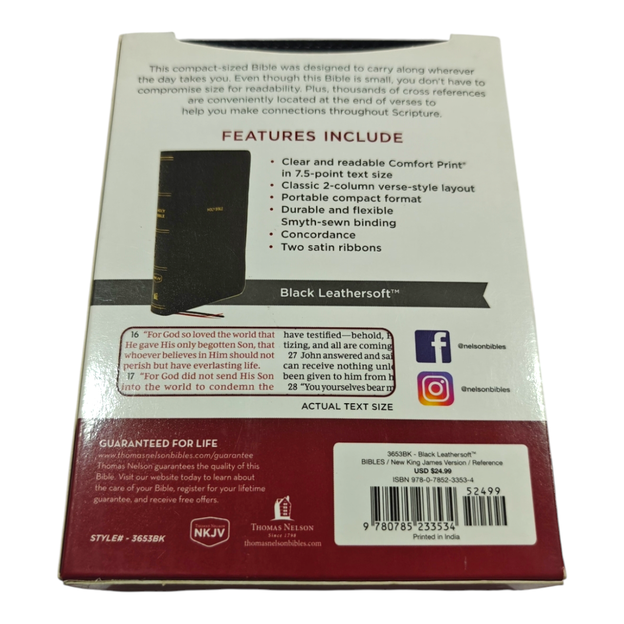 NKJV Compact Bible – Black Leathersoft, Red Letter Edition, Center-Column References, Ultra-Portable Size – ISBN 9780785233534