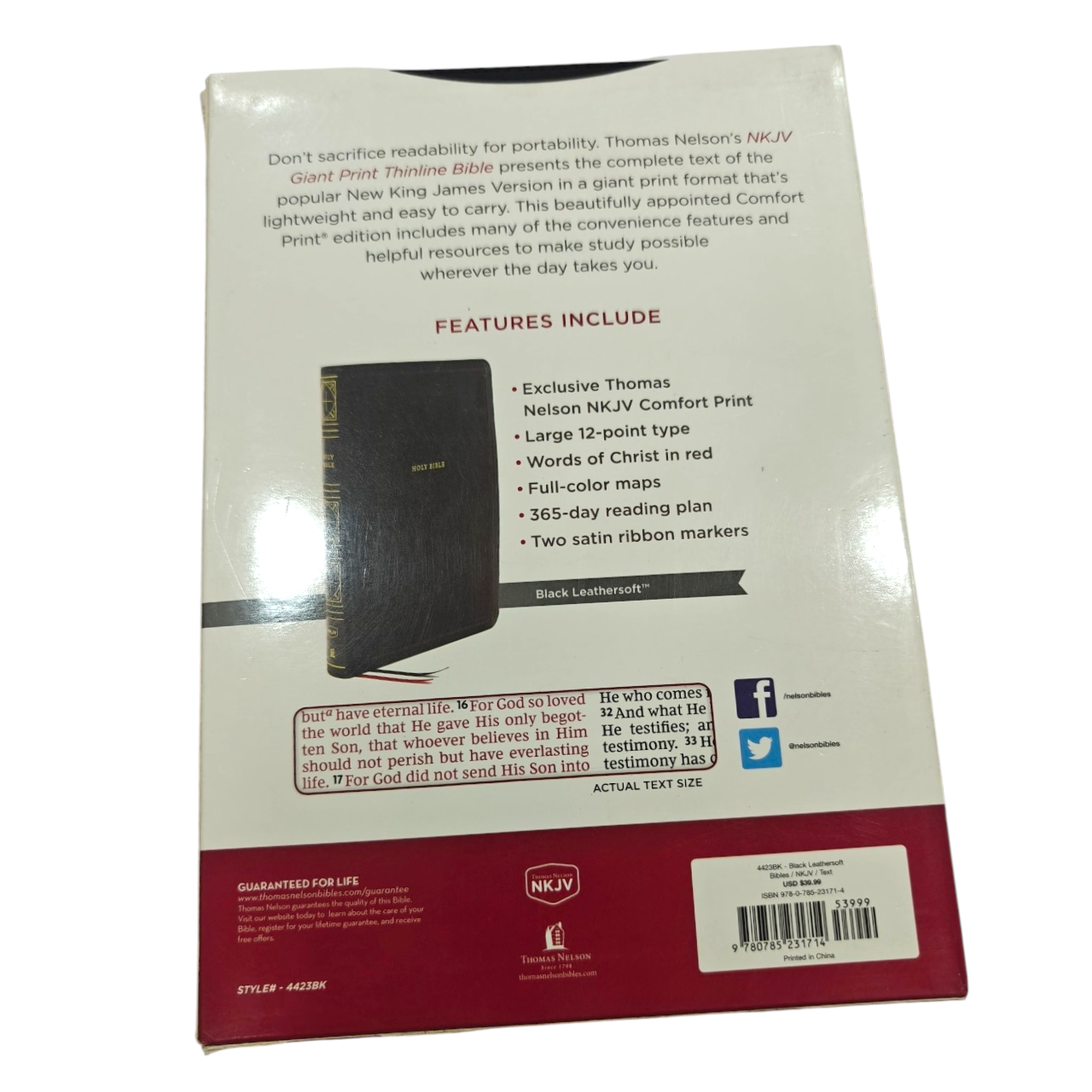 NKJV Giant Print Thinline Bible – Black LeatherTouch, Red Letter Edition, Easy-to-Read Large Font – ISBN 9780785231714