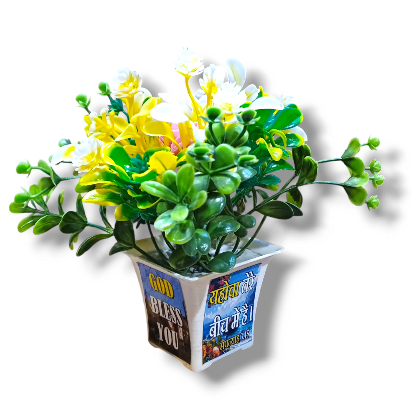 Artificial Faux Flower | 4 Combo Flower's | Bible Verse Printed Plant for Home Office Decor | Table top Desk Decor Green, Red,Origen,White,Eucalyptus | Artificial Flower Home Made pot