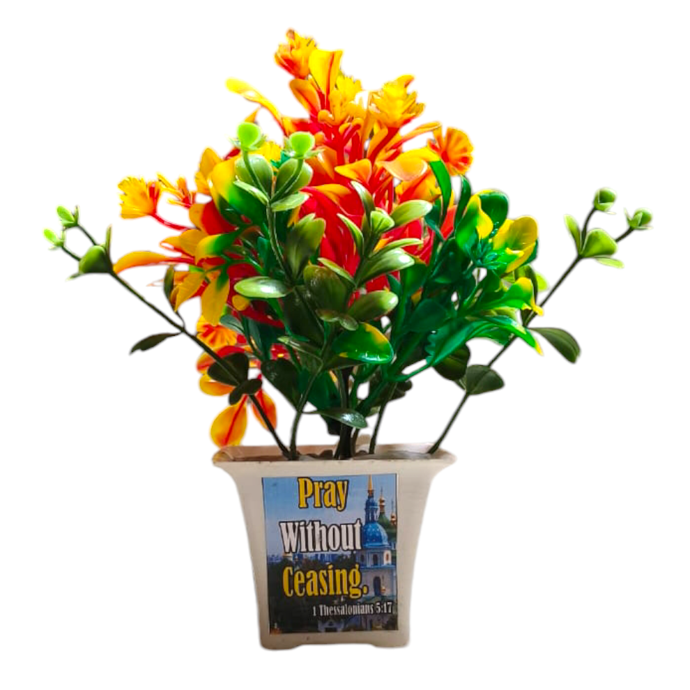 Artificial Faux Flower | 4 Combo Flower's | Bible Verse Printed Plant for Home Office Decor | Table top Desk Decor Eucalyptus | Artificial Flower Home Made pot