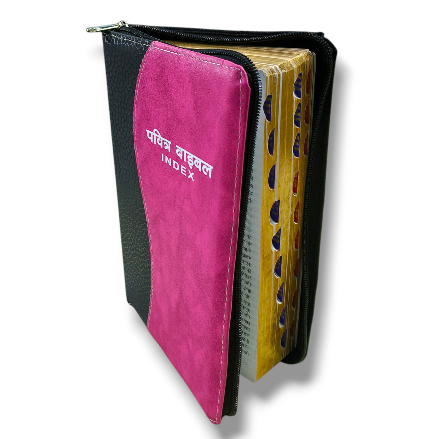 Index Hindi Bible | With Thumb Index Bible | Golden Edge | Medium Size | With Zip | Attractive Design Pink Color