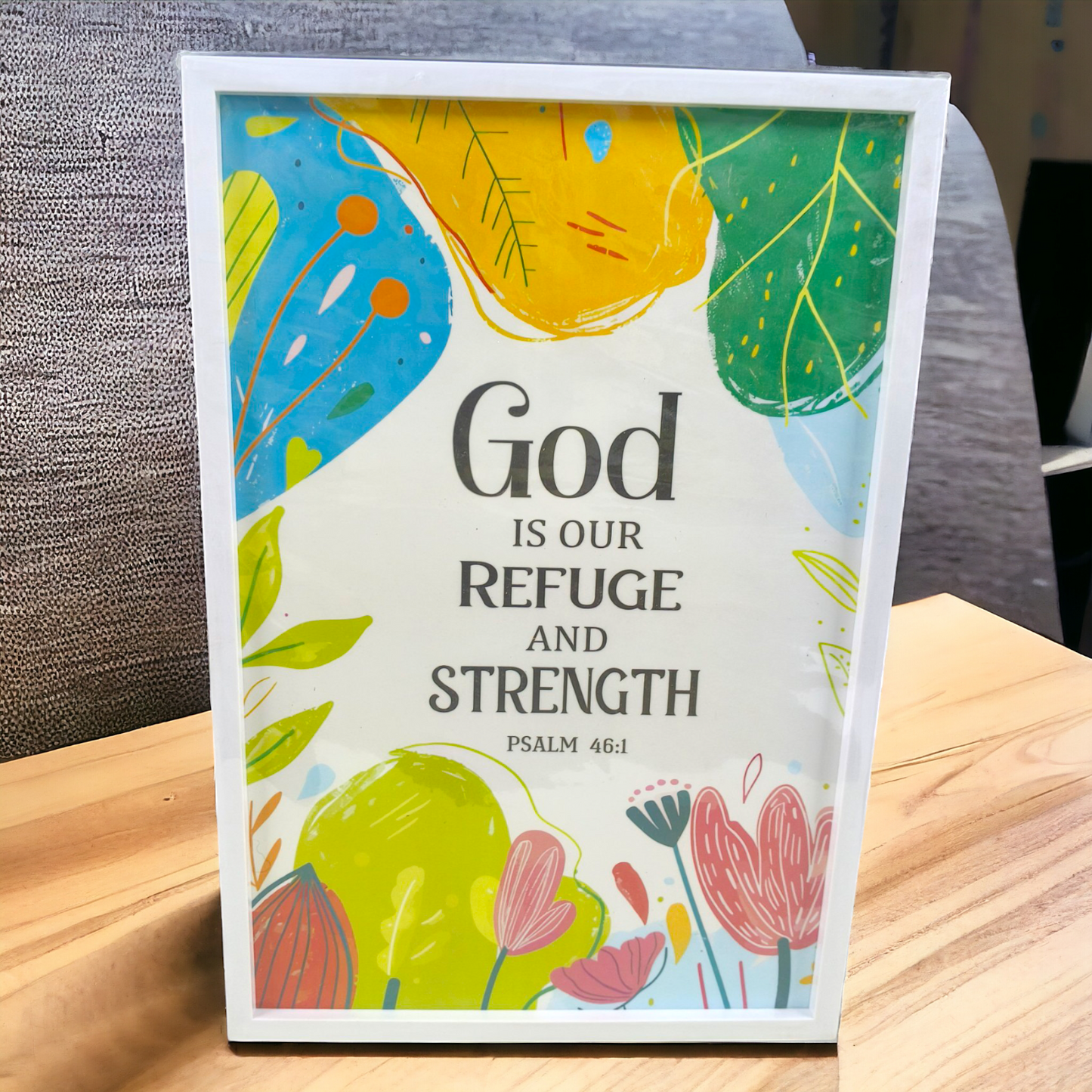 Premium English Bible Verses Photo Frame | Hanging Frame | High Quality | Best Gift For Home Decor | Psalms 46:1 | 13 inch × 19 inch