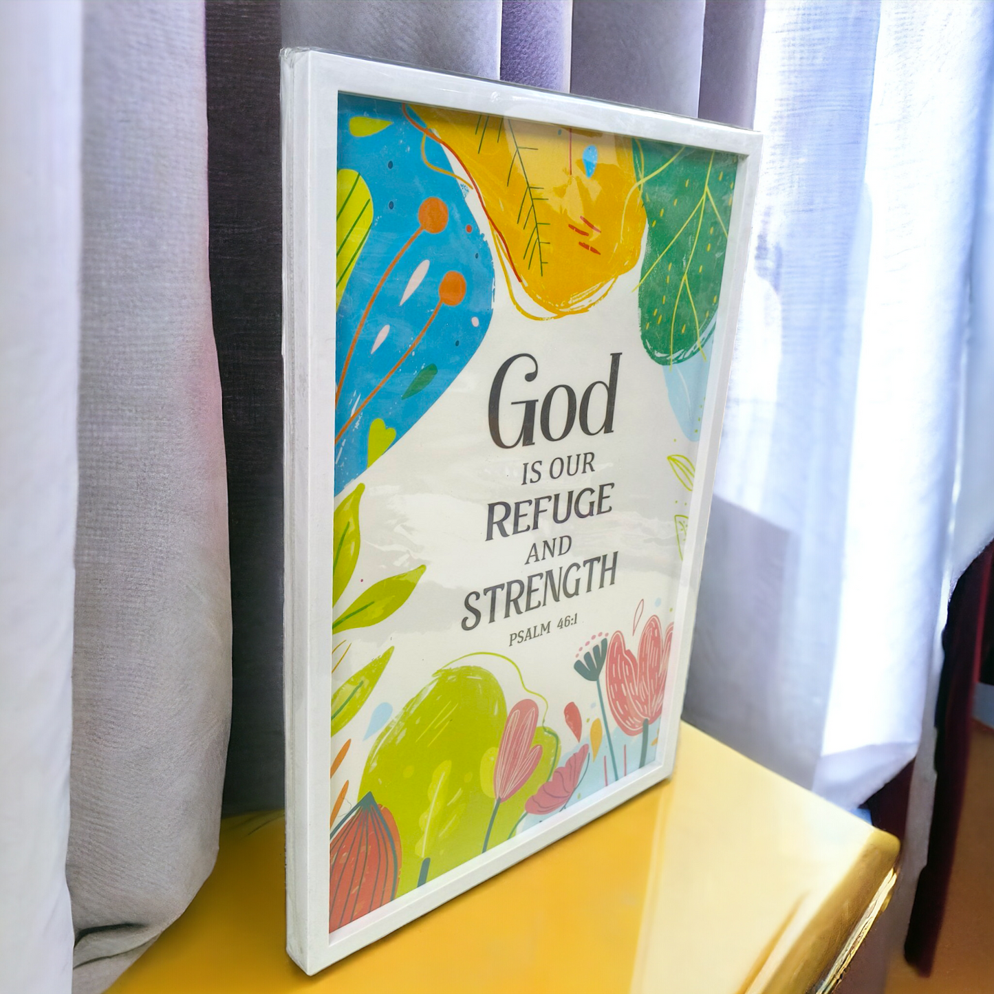 Premium English Bible Verses Photo Frame | Hanging Frame | High Quality | Best Gift For Home Decor | Psalms 46:1 | 13 inch × 19 inch
