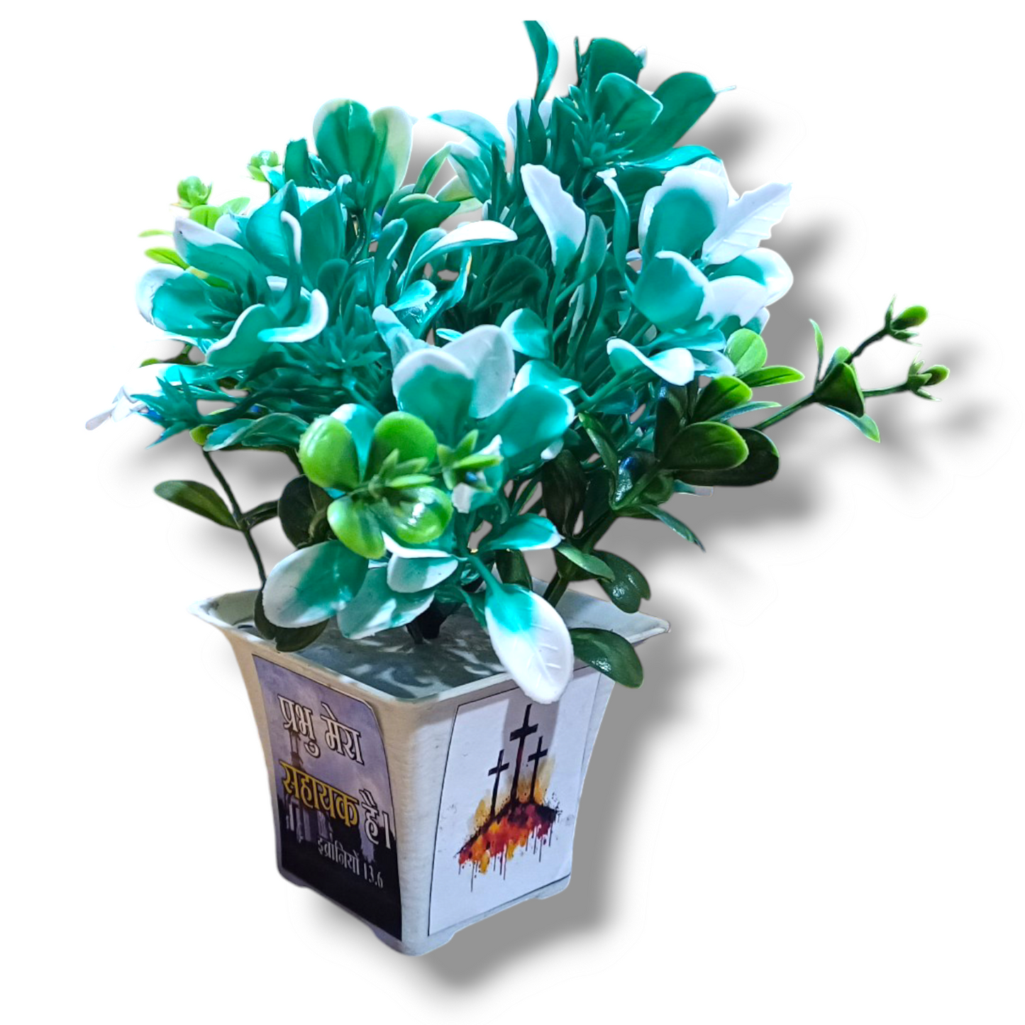 Artificial Faux Flower | 4 Combo Flower's | Bible Verse Printed Plant for Home Office Decor | Table top Desk Decor yellow,Red, Green,Blue,Eucalyptus | Artificial Flower Home Made pot