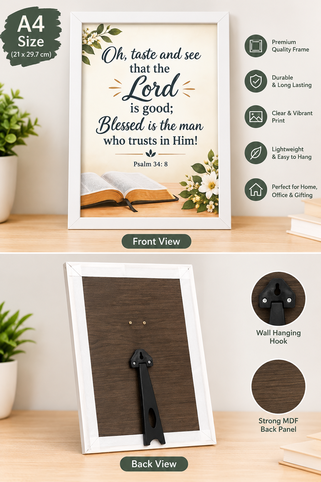 Psalm 34:8 A4 Bible Verse Frame – White Christian Wall & Tabletop Decor