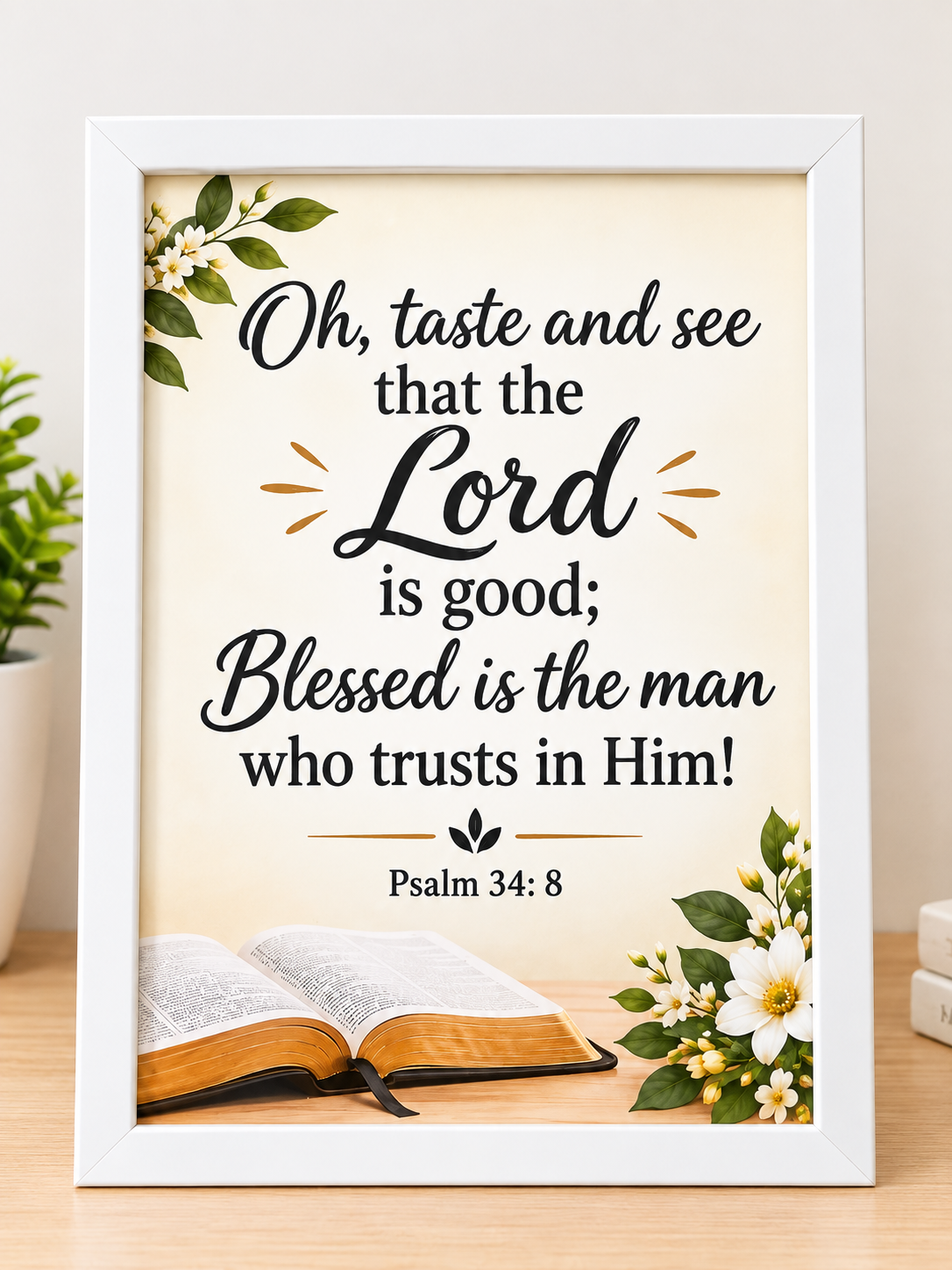 Psalm 34:8 A4 Bible Verse Frame – White Christian Wall & Tabletop Decor
