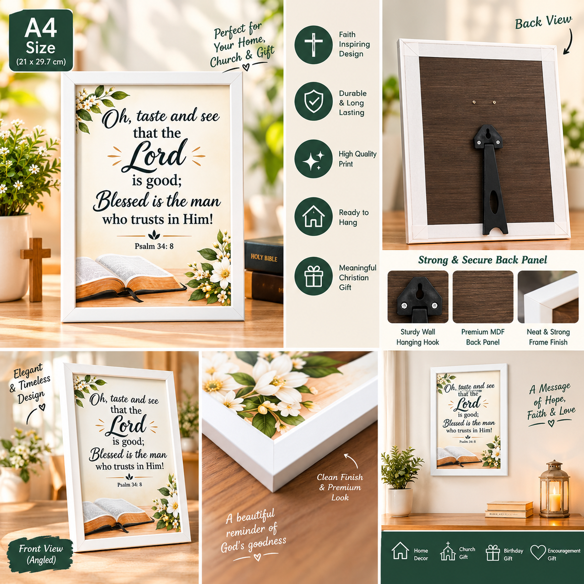Psalm 34:8 A4 Bible Verse Frame – White Christian Wall & Tabletop Decor
