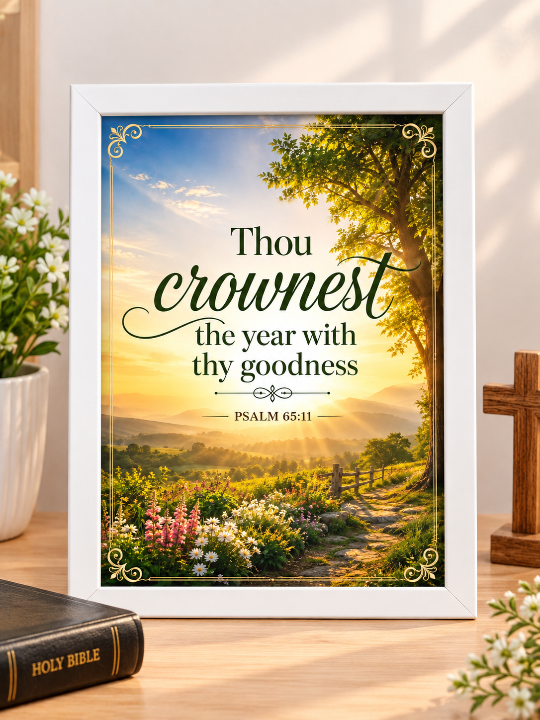 Psalm 65:11 A4 Bible Verse Frame – Thou Crownest the Year – White