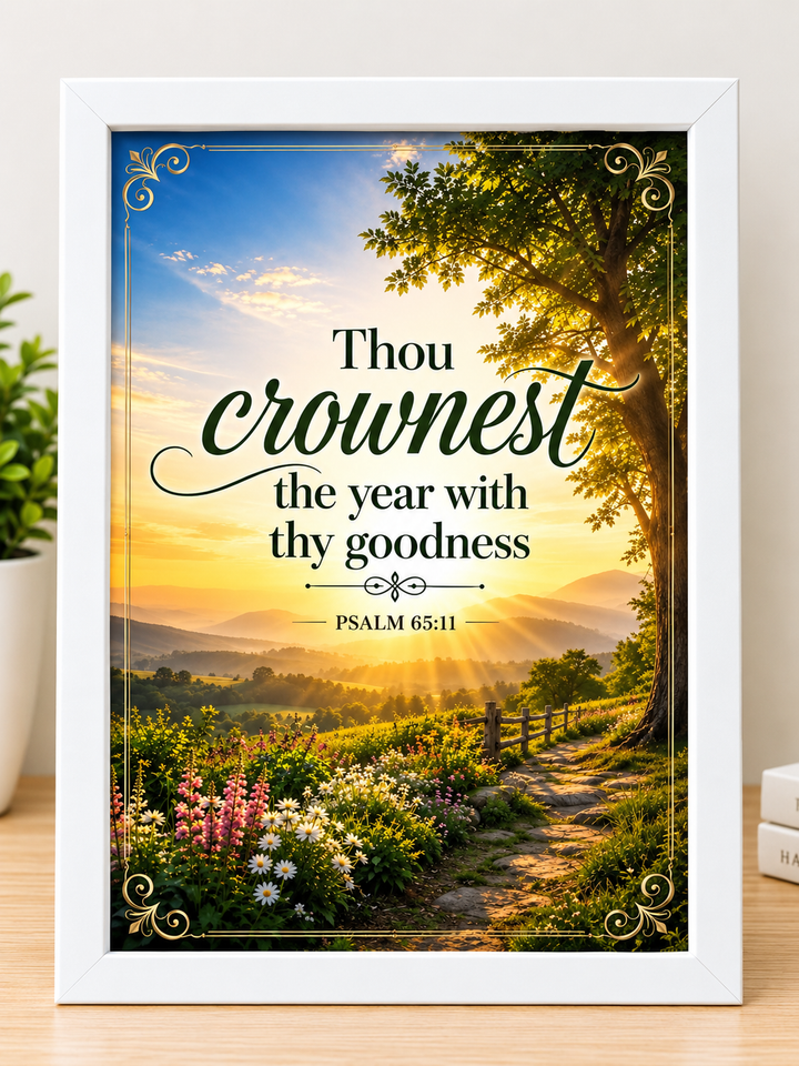 Psalm 65:11 A4 Bible Verse Frame – Thou Crownest the Year – White