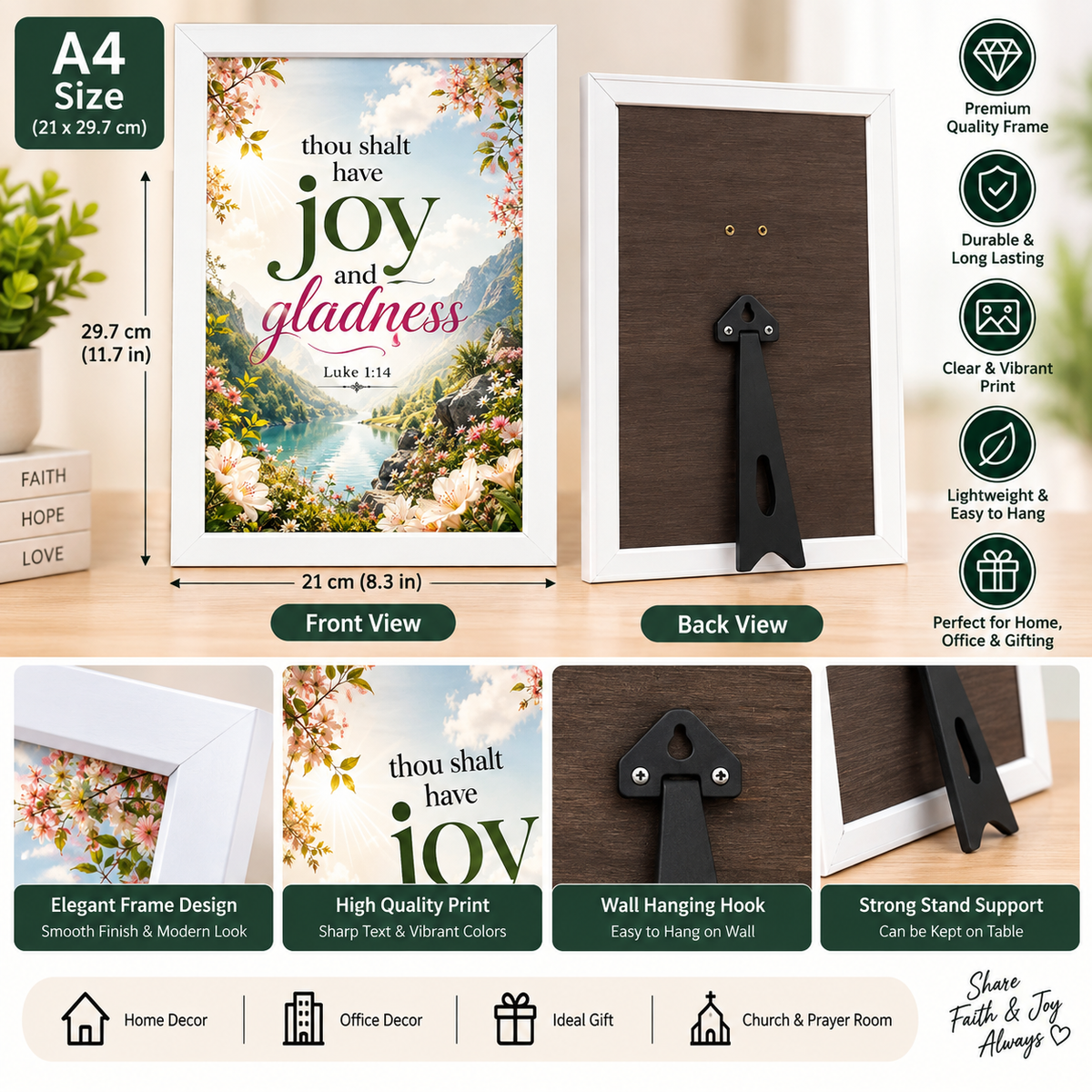 Luke 1:14 A4 Bible Verse Frame – Joy and Gladness – White
