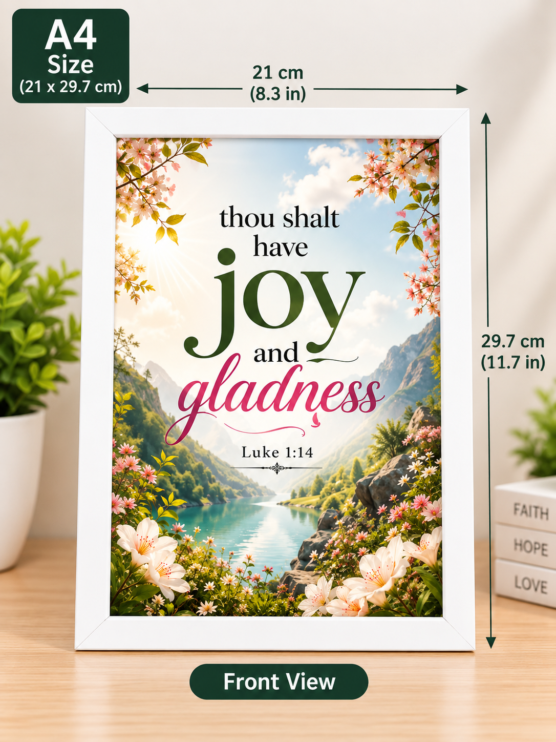 Luke 1:14 A4 Bible Verse Frame – Joy and Gladness – White