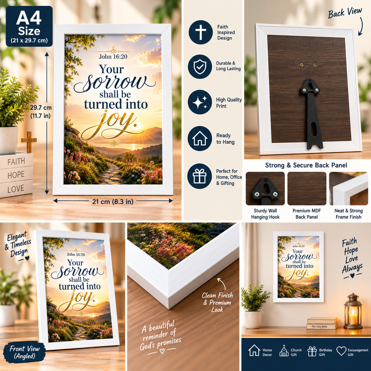 John 16:20 A4 Bible Verse Frame – Sorrow Turned into Joy – White
