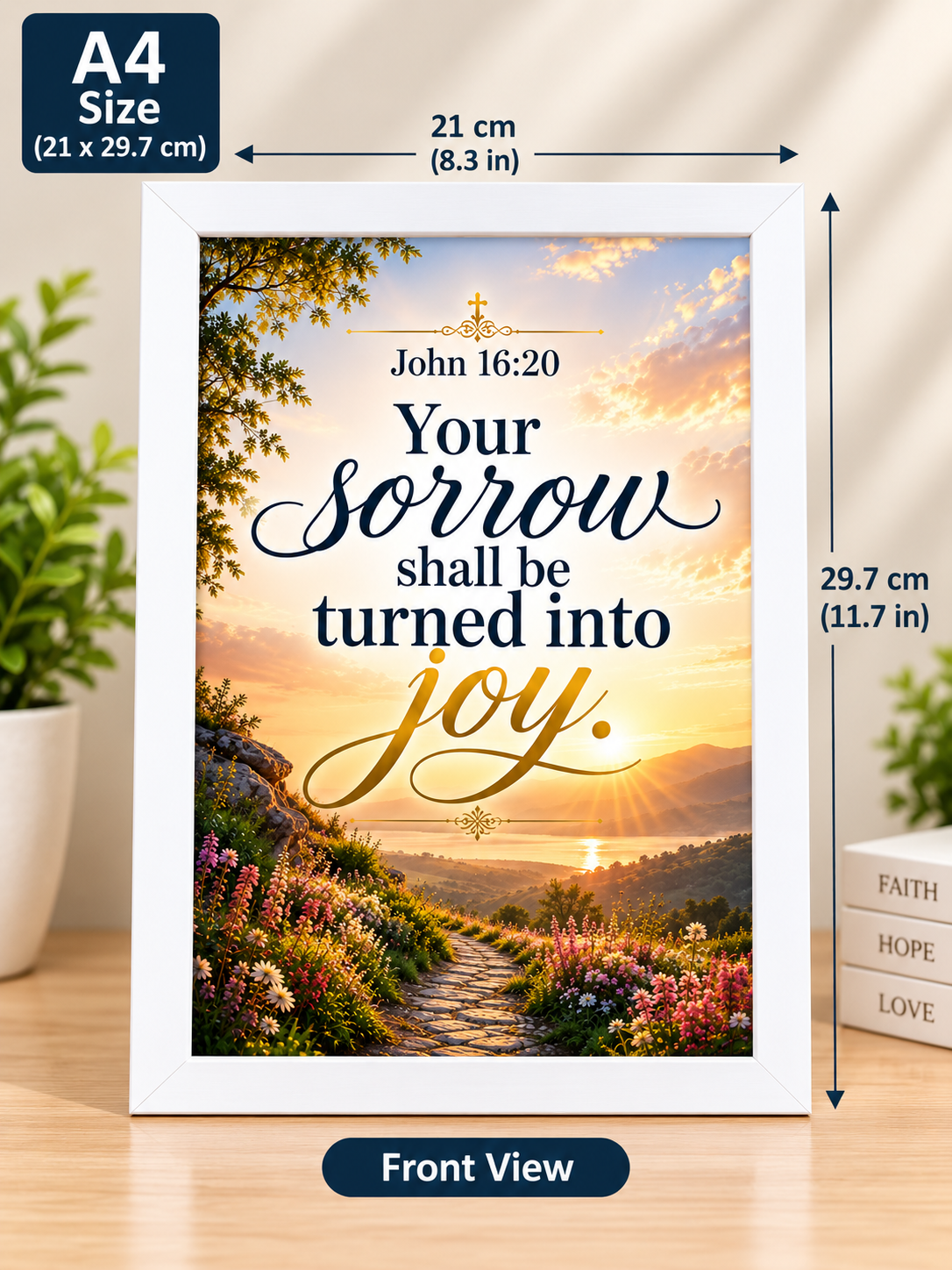 John 16:20 A4 Bible Verse Frame – Sorrow Turned into Joy – White