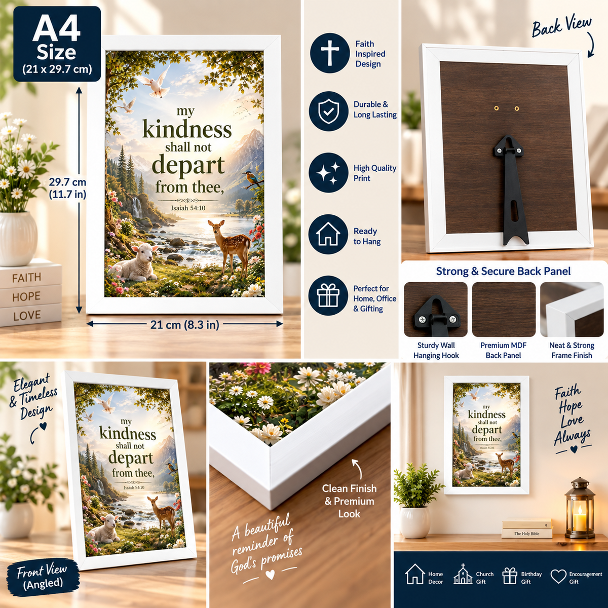 Isaiah 54:10 A4 Bible Verse Frame – My Kindness Shall Not Depart – White