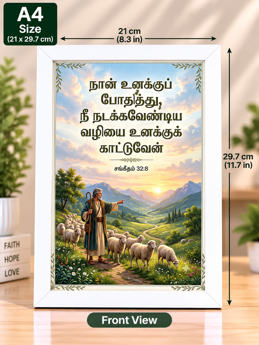 Psalm 32:8 A4 Bible Verse Frame – Tamil Scripture Art