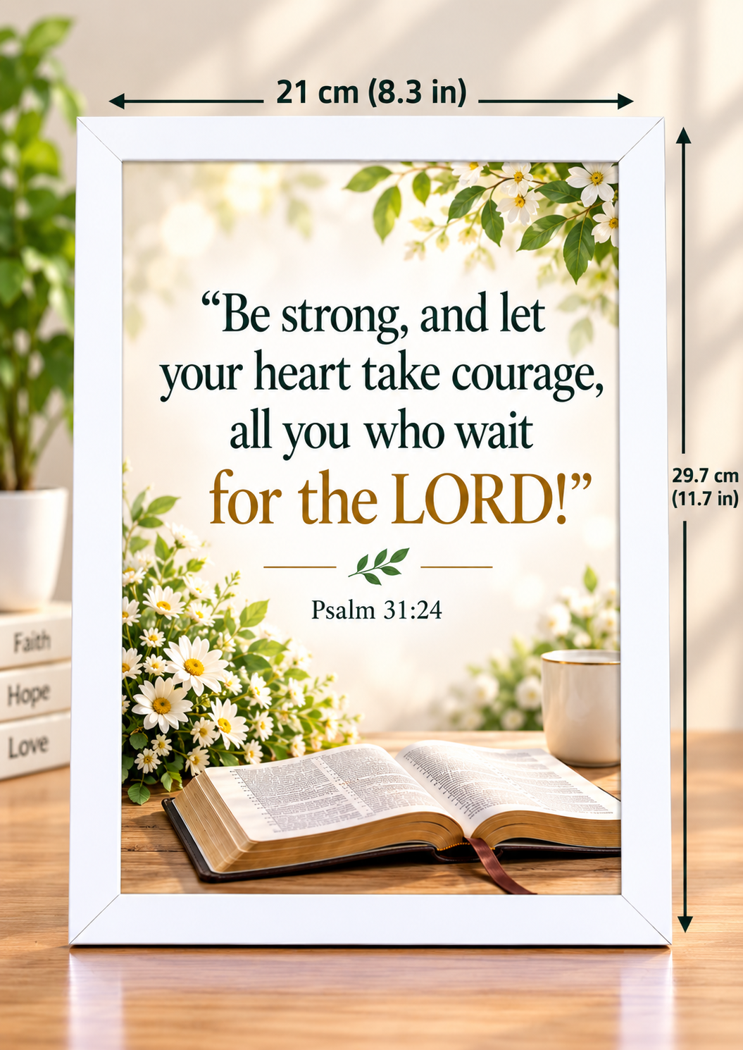 Psalm 31:24 Bible Verse Frame – 21 × 29.7 cm | White Christian Wall Decor
