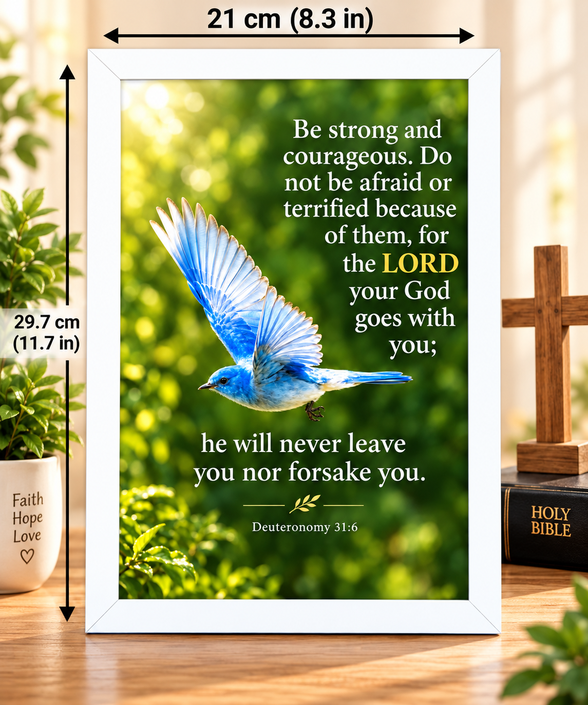Deuteronomy 31:6 Bible Verse Frame – 21 × 29.7 cm | White