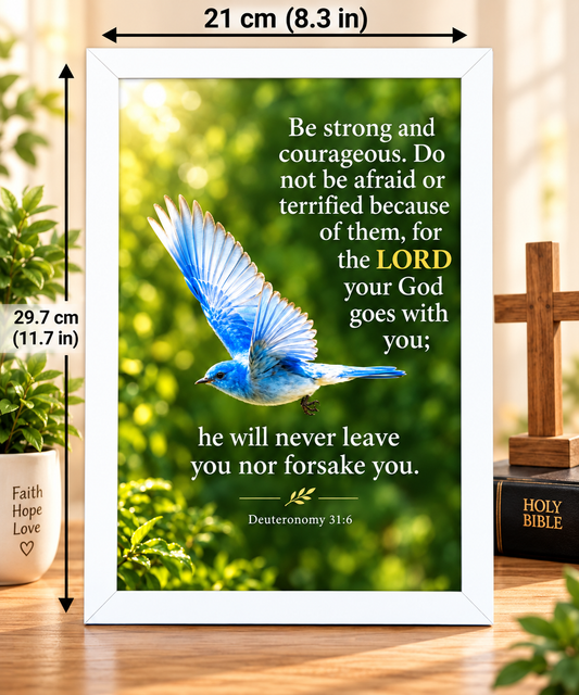 Deuteronomy 31:6 Bible Verse Frame – 21 × 29.7 cm | White