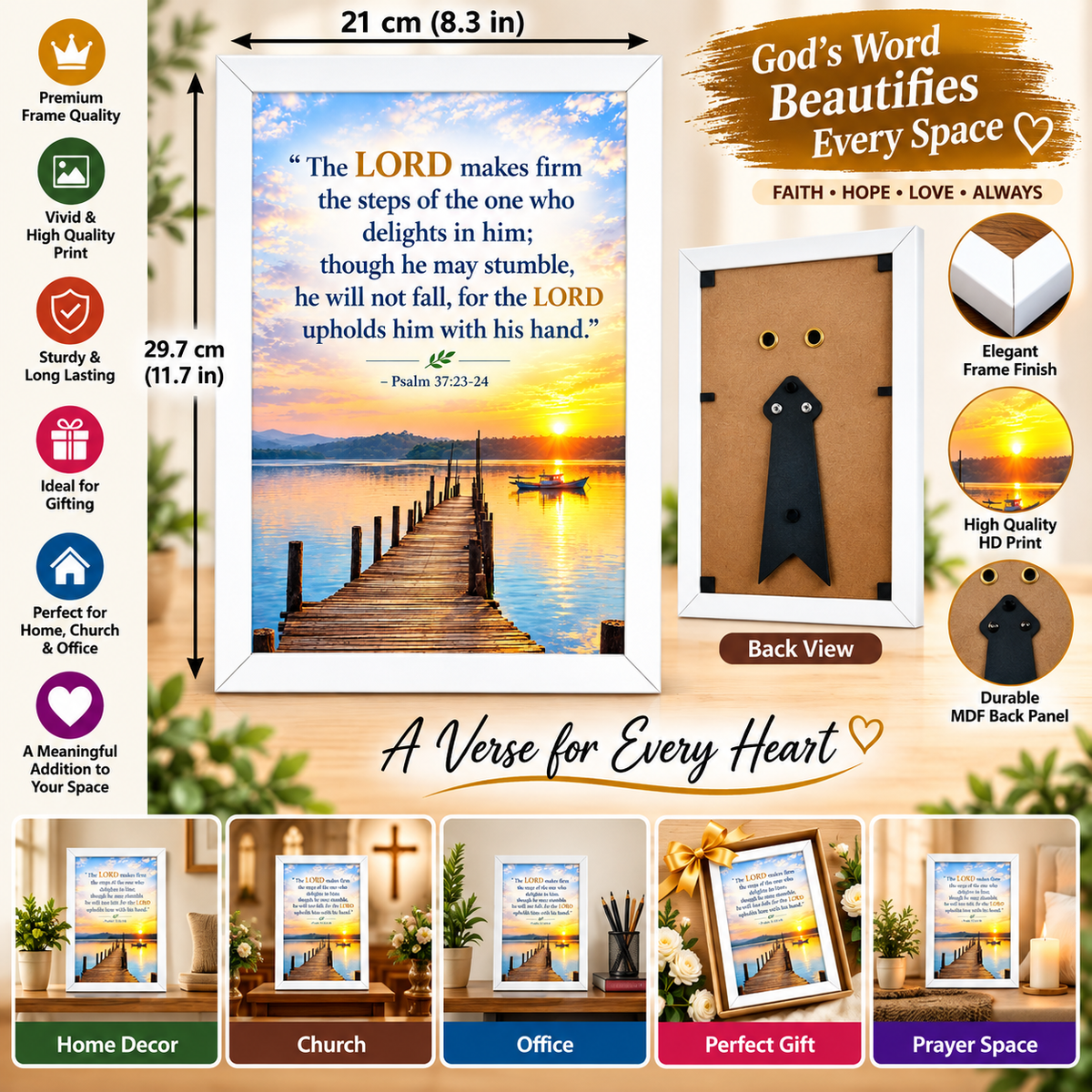 Psalm 37:23-24  White Bible Verse Frame