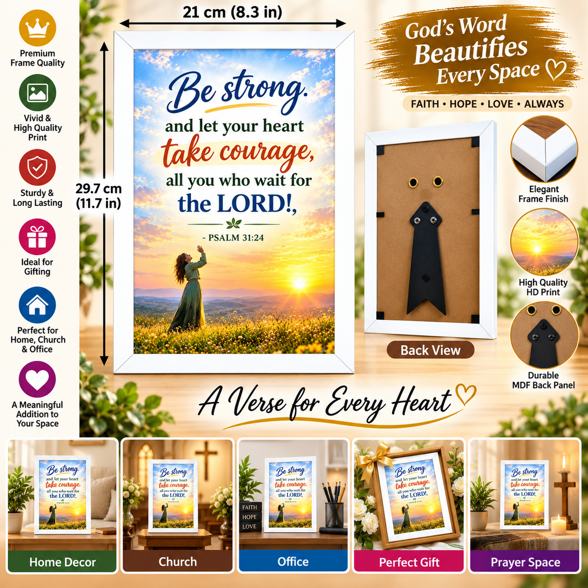 Psalm 31:24 Bible Verse Frame – 21 × 29.7 cm | White