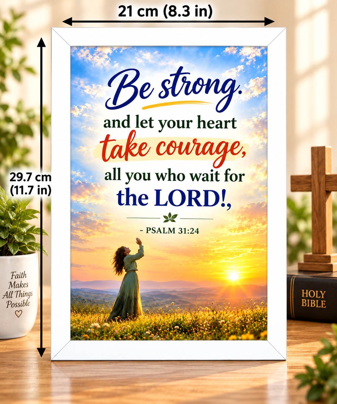 Psalm 31:24 Bible Verse Frame – 21 × 29.7 cm | White