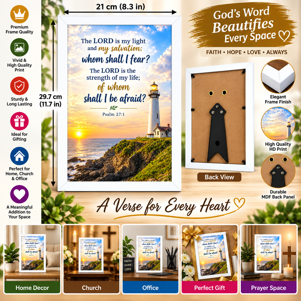 Psalm 27:1  Bible Verse Frame – White Christian Wall Art