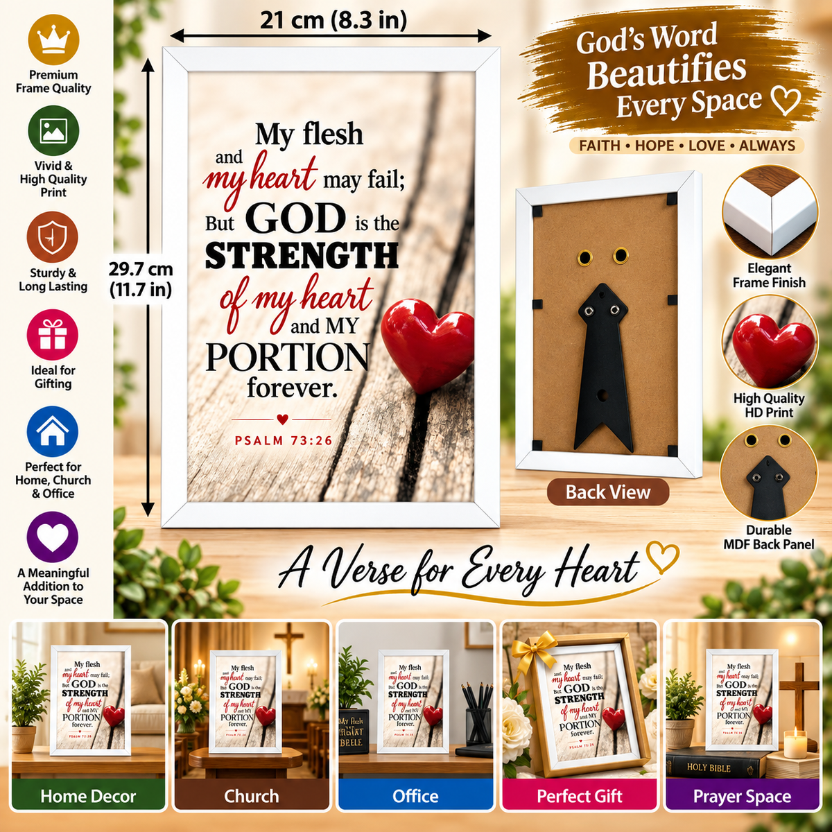 Psalm 73:26 Bible Verse Frame – 21 × 29.7 cm | White