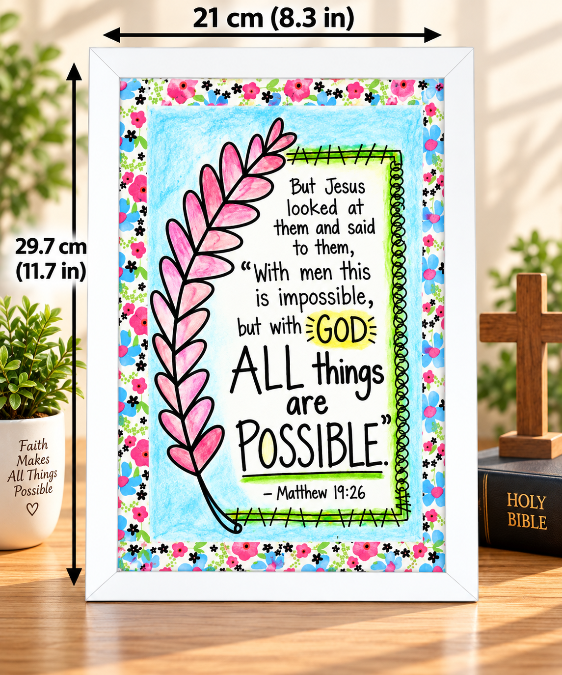 Matthew 19:26 Bible Verse Frame – 21 × 29.7 cm | White