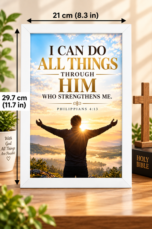 Philippians 4:13 Bible Verse Frame | White Portrait Christian Wall Decor