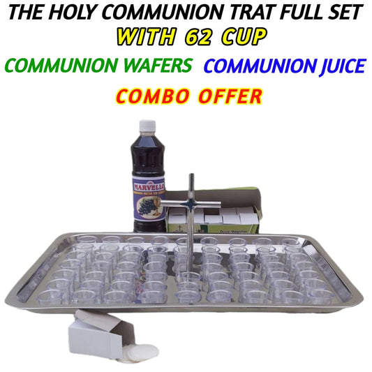 The Holy Communion Tray | With Holy Communion Wafers | & Communion Juice | & With 62 Communion Cup | For Church Holy Communion | Pure Stel Material | Stel Cross Handel