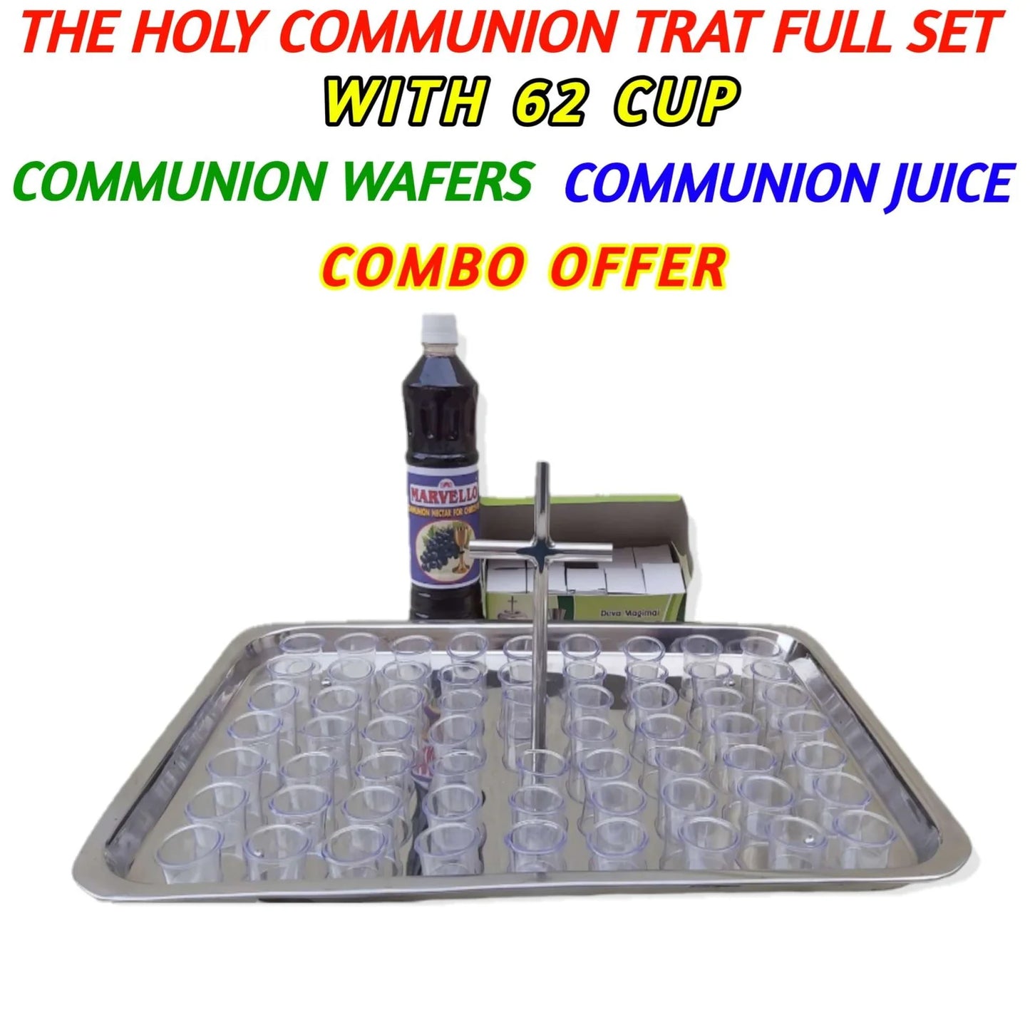 The Holy Communion Tray | With Holy Communion Wafers | & Communion Juice | & With 62 Communion Cup | For Church Holy Communion | Pure Stel Material | Stel Cross Handel