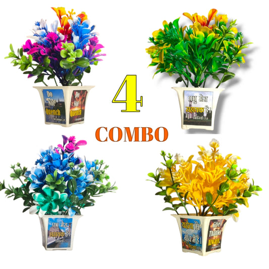 Artificial Faux Flower | 4 Combo Flower's | Bible Verse Printed Plant for Home Office Decor | Table top Desk Decor yellow,Red, Green,Blue,Eucalyptus | Artificial Flower Home Made pot