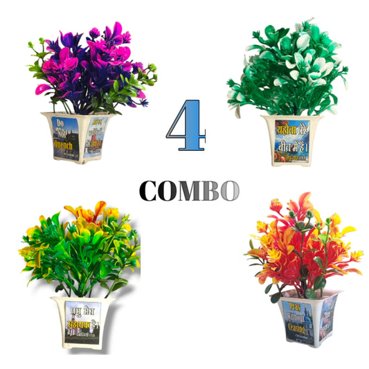 Artificial Faux Flower | 4 Combo Flower's | Bible Verse Printed Plant for Home Office Decor | Table top Desk Decor yellow,Red, Green,Blue,Eucalyptus | Artificial Flower Home Made pot