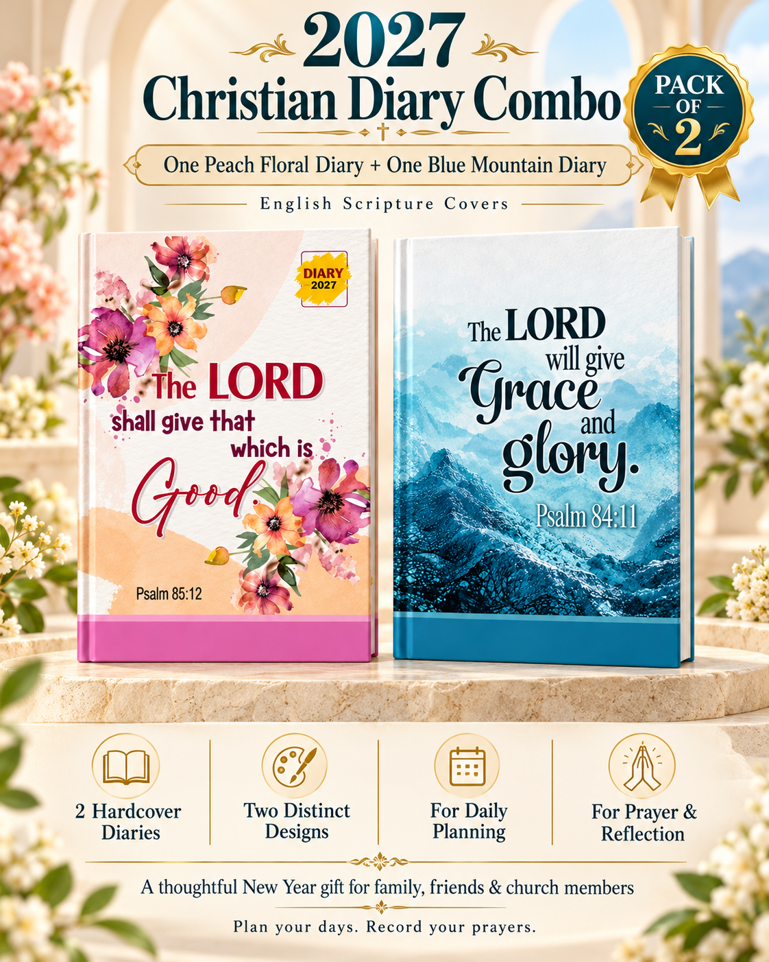 Plan 2027 with two hardcover Christian diaries featuring peach floral and blue mountain Scripture covers. A thoughtful gift for family and church members.