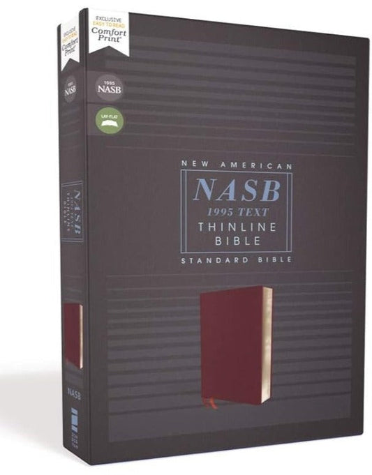 Thinline NASB Bible in burgundy bonded leather with red letter text and 1995 comfort print.