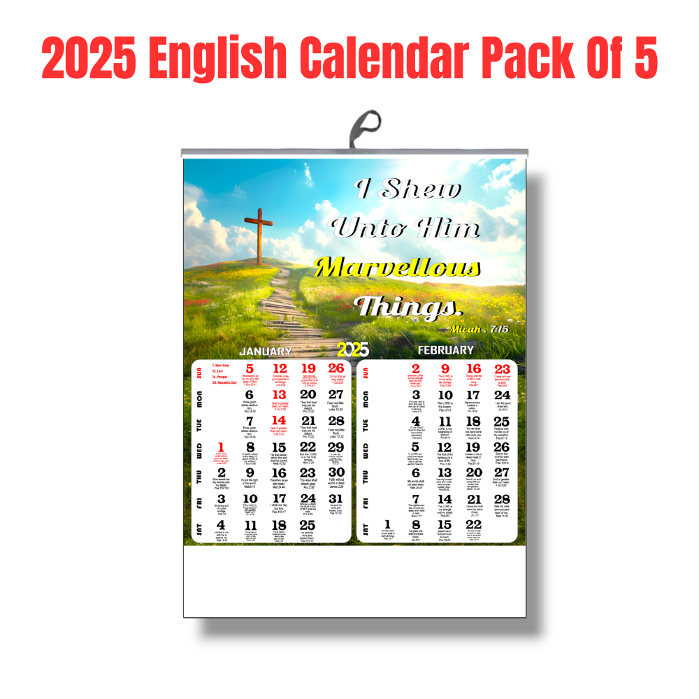 TCG 2025 English Bible Verse Wall Calendar | Pack Of 5 | GSM 130 | 3 PAGE BACK TO BACK PRINTED | All Gov. Holiday Mentioned