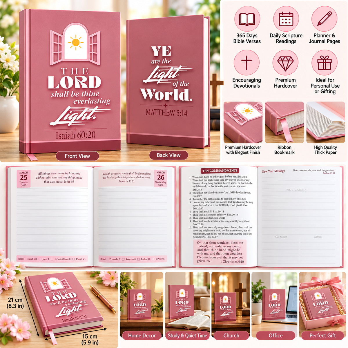 2027 Christian Daily Diary Planner & Devotional Journal – Pink Hardcover, 365-Day Bible Verses