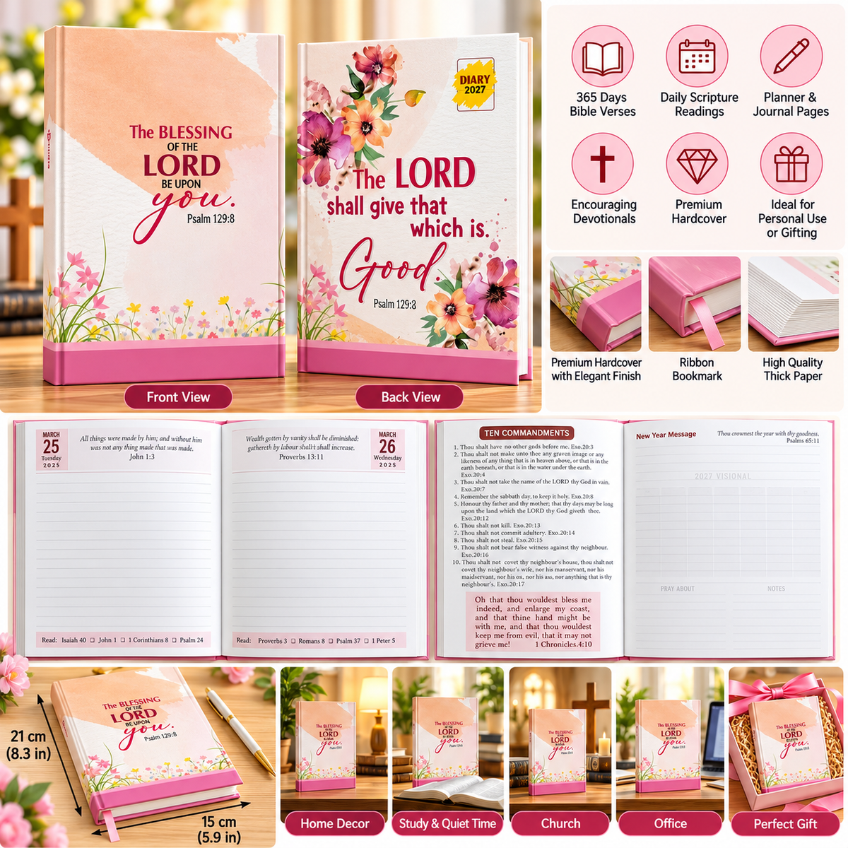 2027 Christian Daily Diary Planner & Devotional Journal – Pink Floral Hardcover, 365-Day Bible Verses