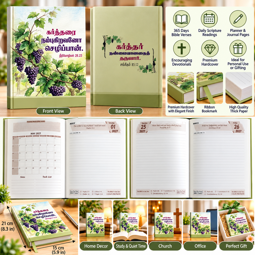 2027 Christian Diary Planner – Green Grapevine & Our Daily Bread Tamil Annual Devotional | Set of 2