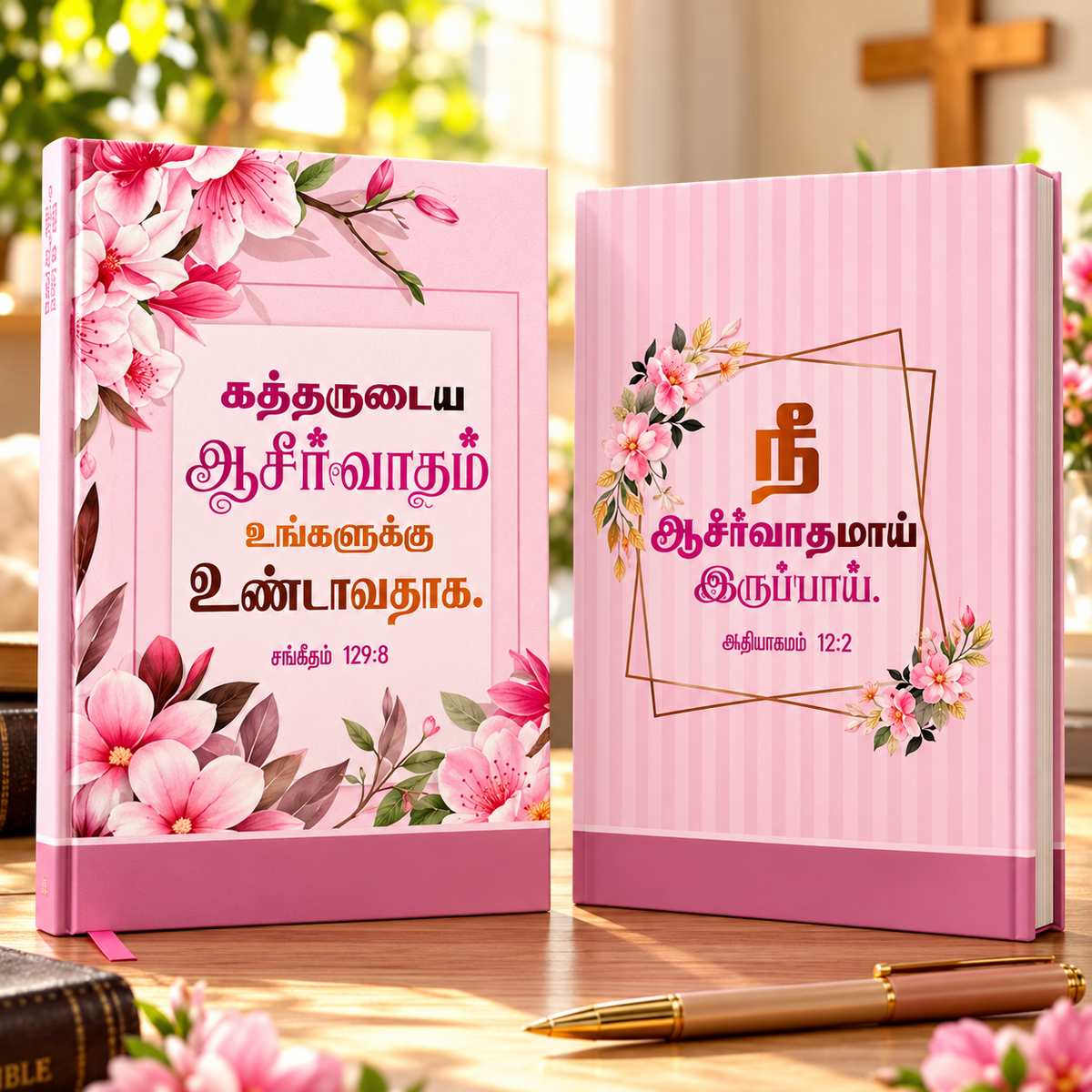 2027 Tamil Christian Daily Diary Planner & Devotional Journal – Pink Floral Hardcover, Bible Verses & Scripture Readings, 21 × 15 cm